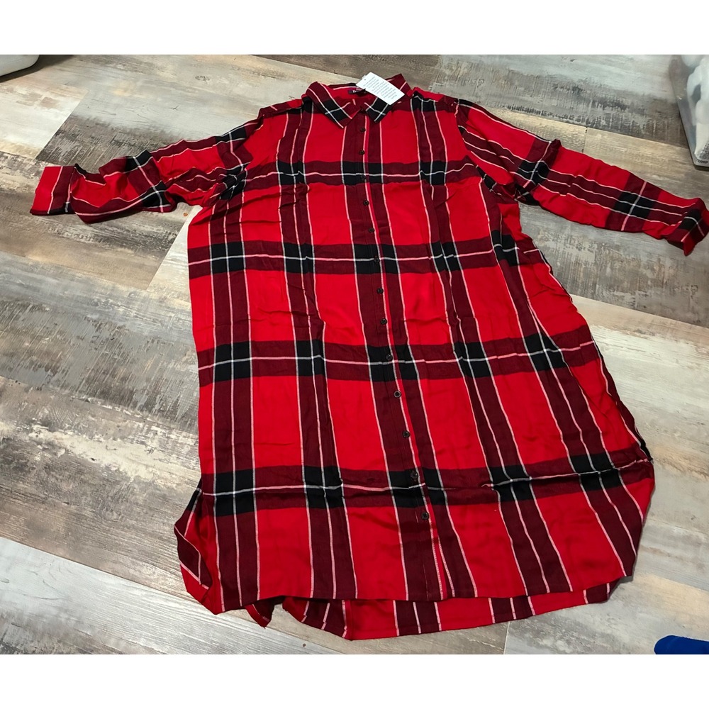 Roamans Womens Red Plaid Button Down Shirt Dress Plus Size 24W Long Sleeve NWT